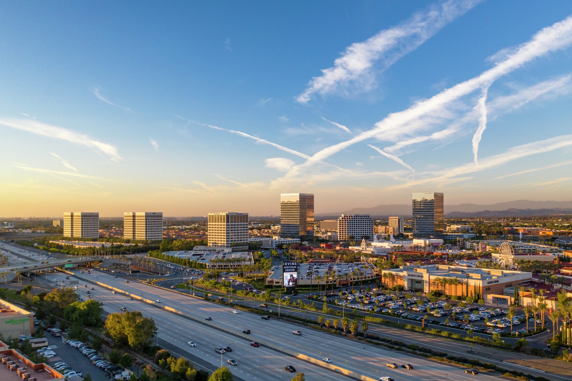 Aerial photography of the Irvine Spectrum area featuring snowy mountains in Irvine, CA