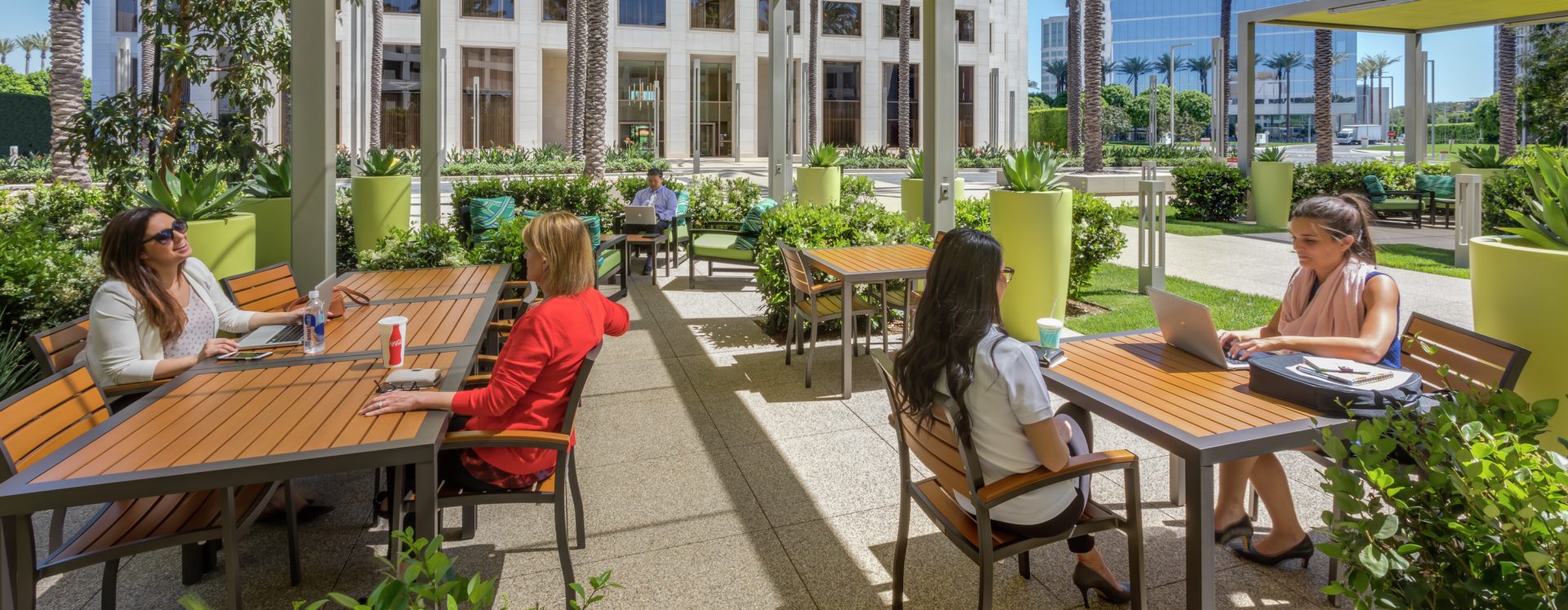 Photography of outdoor workspace near parking structure at 300 Spectrum Center Drive, Irvine, ca