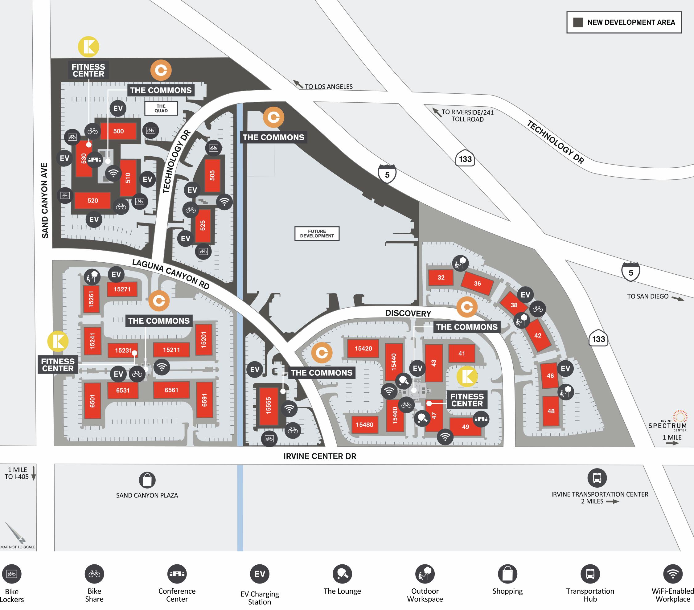 Graphic map of available on site amenities at Discovery Park in Irvine, CA