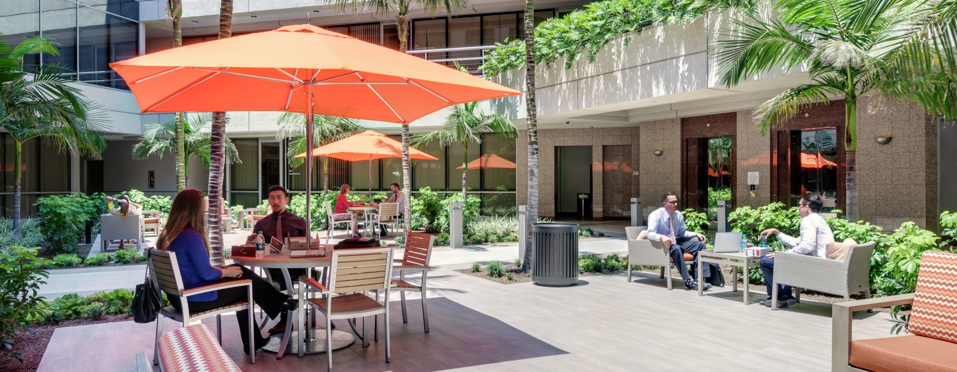 Exterior view of the outdoor workspace at Spectrum Court in Irvine, CA.