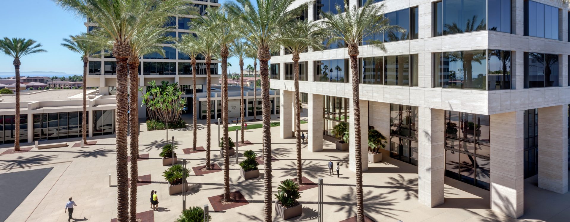General exterior views of 520 Newport Center Drive office building in Newport Center. RMA Photography 2015.