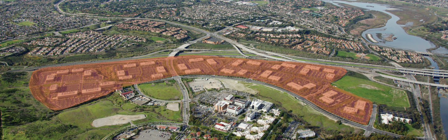 Aerial photography of UCI Research Park with a red overlay highlighting buildings that are part of the office campus near University of California Irvine in Irvine, CA