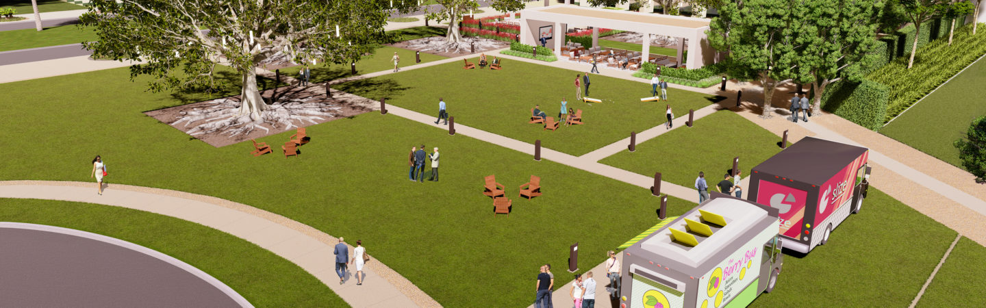 Rendering of The Commons reinvestment, a refreshed outdoor workspace and gathering area for Jamboree Center in Irvine, CA