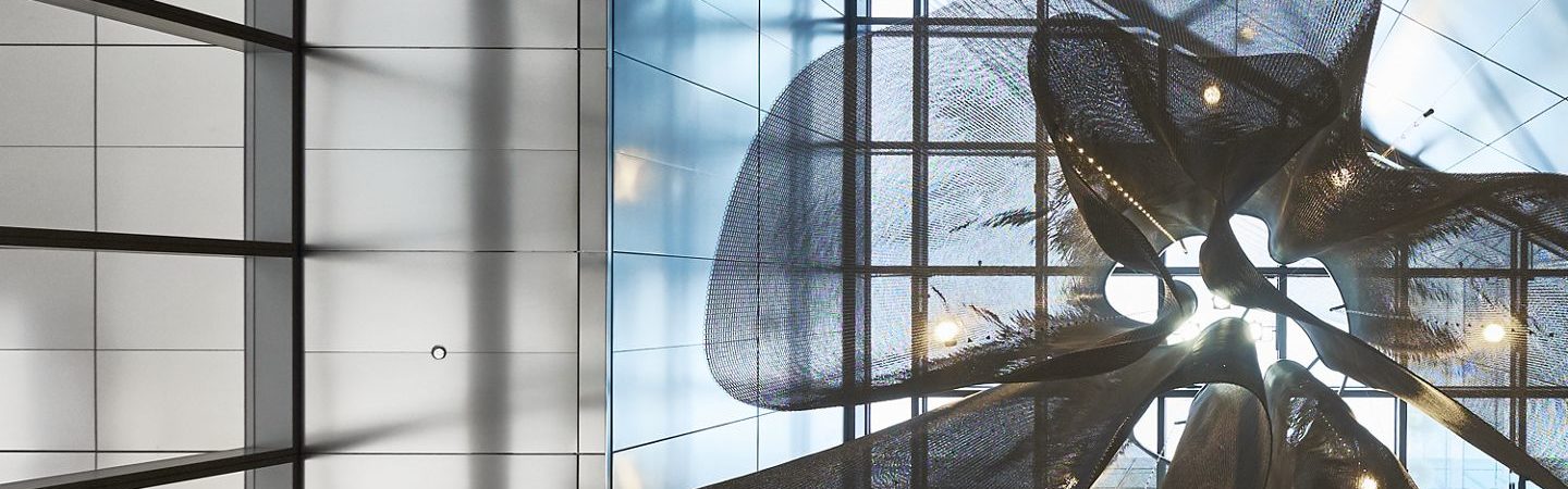 Art installation located inside 71 South Wacker of a metal veil suspended above the lobby in Chicago, IL