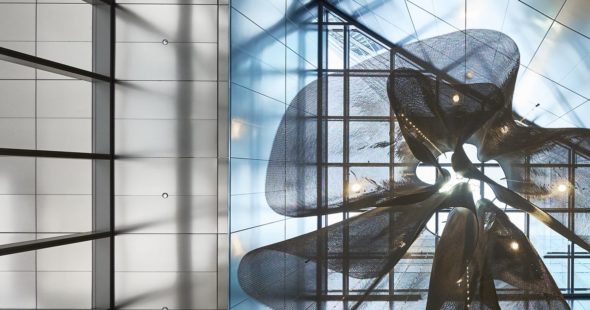 Art installation located inside 71 South Wacker of a metal veil suspended above the lobby in Chicago, IL