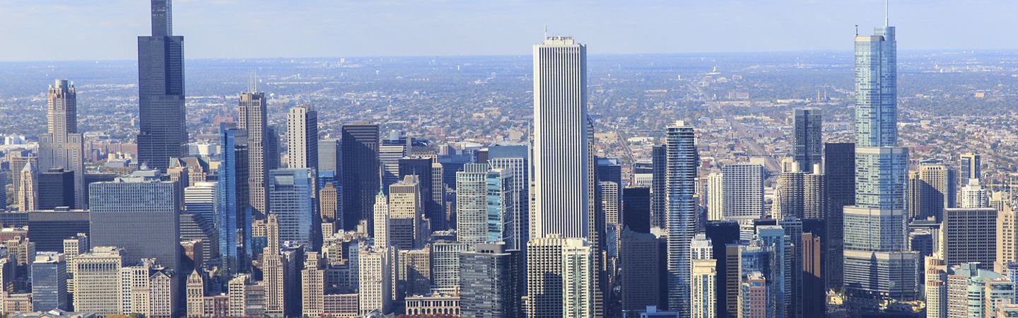 Aerial photography of the Chicago coastline and cityscape in Chicago, IL