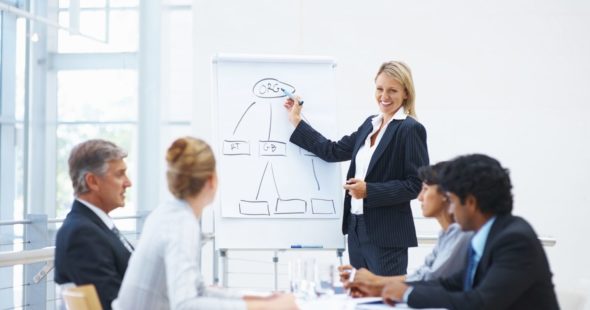 A group of businesspeople sitting together in a meeting while a woman is standing and drawing a diagram in marker on a large notepad