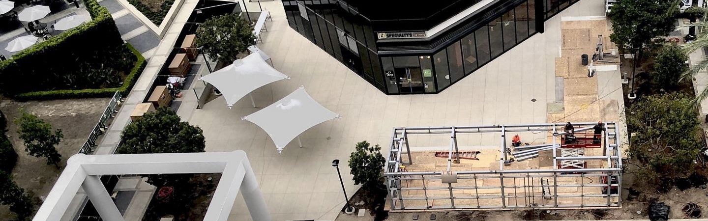 Construction photography of the new outdoor workplace and gathering area, The Commons, located at Irvine Towers in Irvine, CA