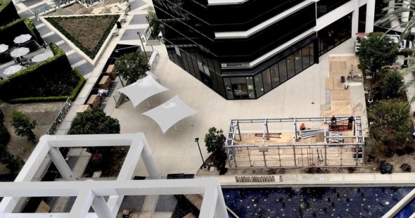 Construction photography of the new outdoor workplace and gathering area, The Commons, located at Irvine Towers in Irvine, CA
