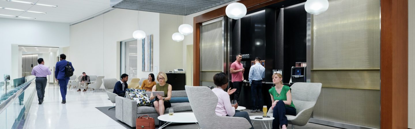 Self pour coffee bar and communal seating area offered at The Exchange in 71 South Wacker, Chicago, IL