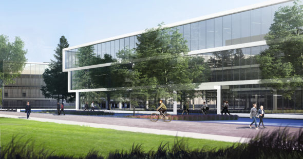 Rendering of office buildings and outdoor landscaping at Pathline Park, a new Irvine Company office development in Sunnyvale, CA