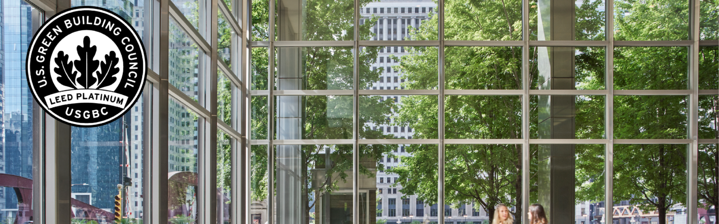 Groundfloor photography of the lobby at 300 North LaSalle in Chicago, IL featuring the LEED Platinum certification logo