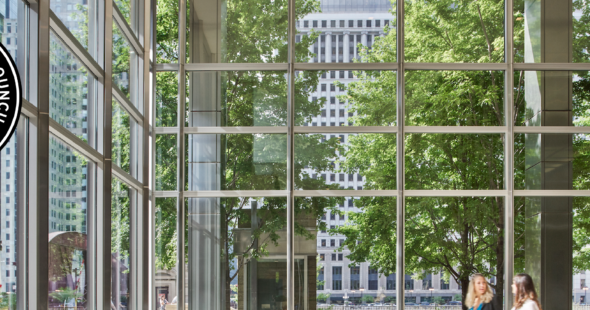 Groundfloor photography of the lobby at 300 North LaSalle in Chicago, IL featuring the LEED Platinum certification logo