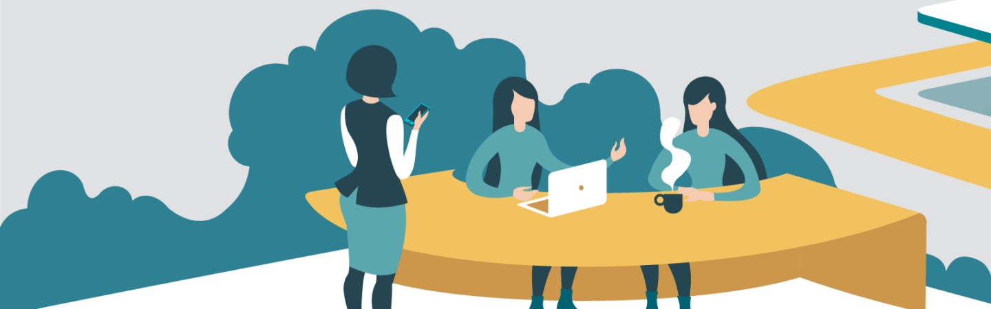 Vector artwork of three businesswomen working and chatting at a table for Irvine Company's Elevate Perspectives Collection