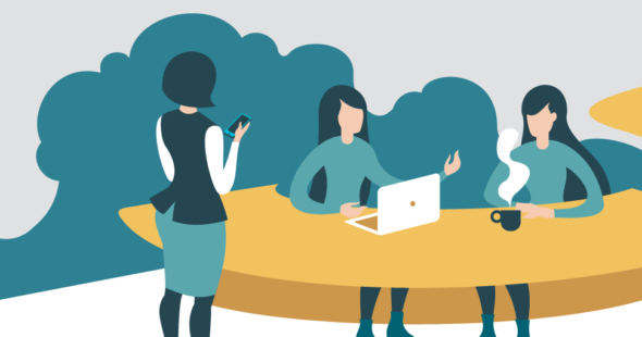 Vector artwork of three businesswomen working and chatting at a table for Irvine Company's Elevate Perspectives Collection