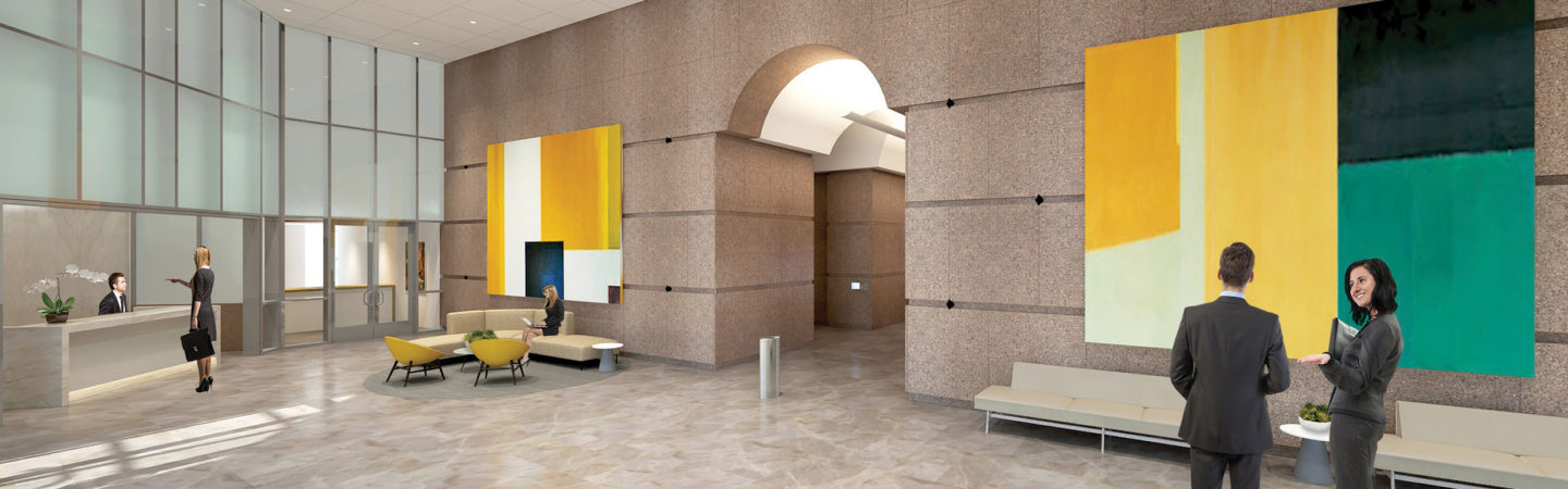 Rendering of the lobby at Fox Plaza in Los Angeles, CA