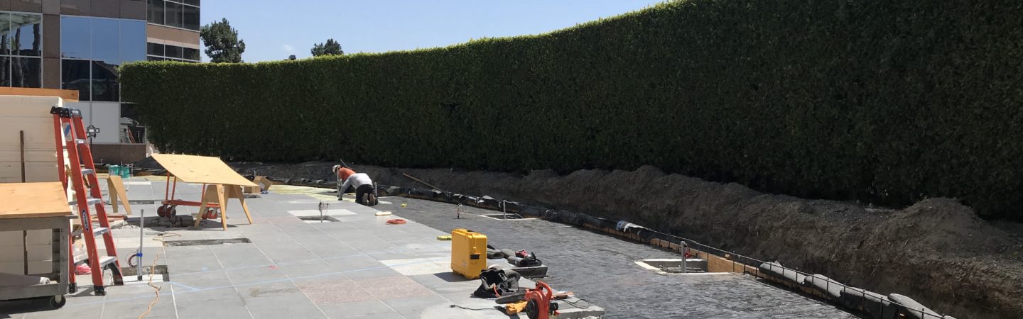 Construction photography of the new outdoor workplace and gathering area, The Commons, located at Fox Plaza in Los Angeles, CA