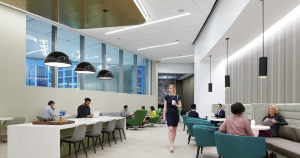 Photography of people enjoying the lounge space at The Exchange in 71 South Wacker, Chicago, IL