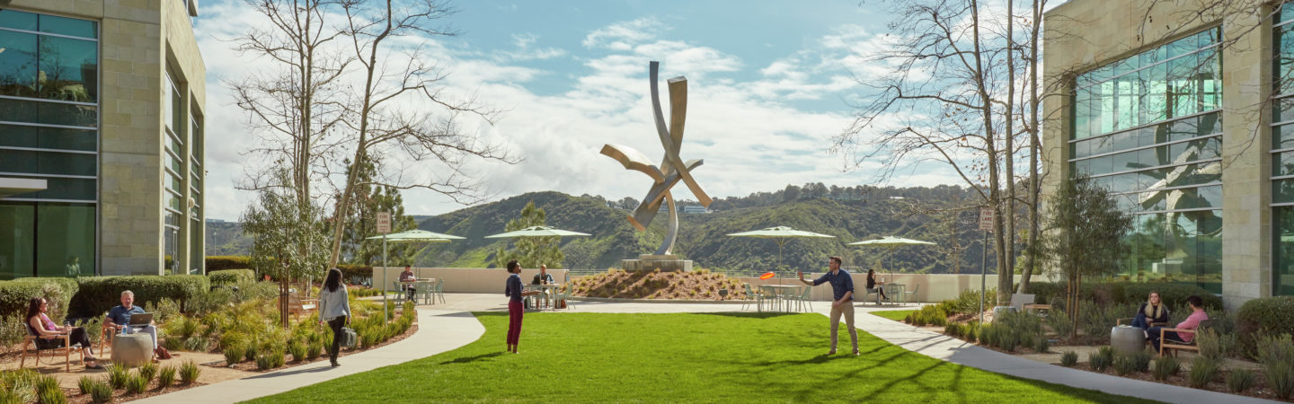 Photography of people enjoying The Commons, an outdoor workplace and gathering area, at Gateway at Torrey Hills in San Diego, CA