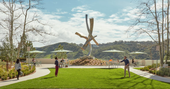 Photography of people enjoying The Commons, an outdoor workplace and gathering area, at Gateway at Torrey Hills in San Diego, CA