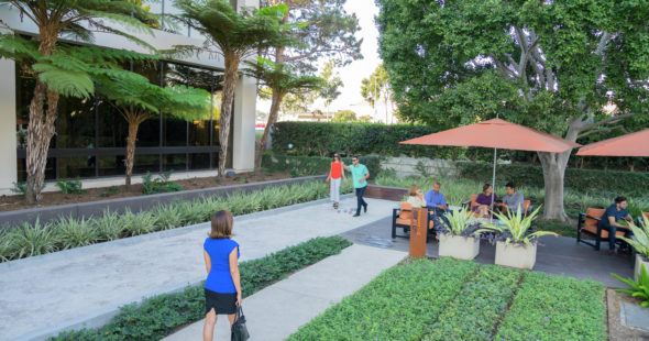 Photography of people enjoying The Commons, an outdoor workplace and gathering area, at La Jolla Gateway in San Diego, CA