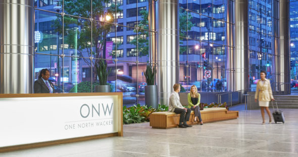 Photography of the front desk in the lobby of One North Wacker in Chicago, IL