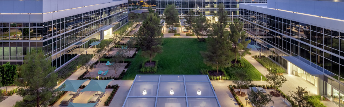 Aerial nighttime photography of The Quad office campus at Discovery Park in Irvine, CA