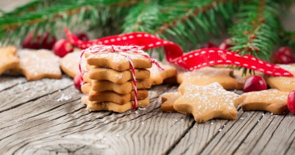 Holiday cookies sprinkled with powdered sugar and surrounded by cranberries
