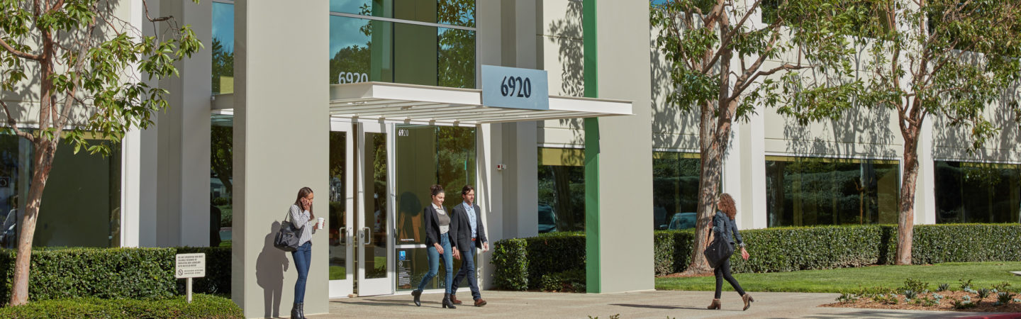 Lifestyle photography of the building entry at Canyon Ridge Technology Park - 6920 Carroll Road in San Diego, CA