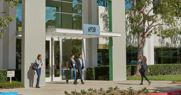 Lifestyle photography of the building entry at Canyon Ridge Technology Park - 6920 Carroll Road in San Diego, CA