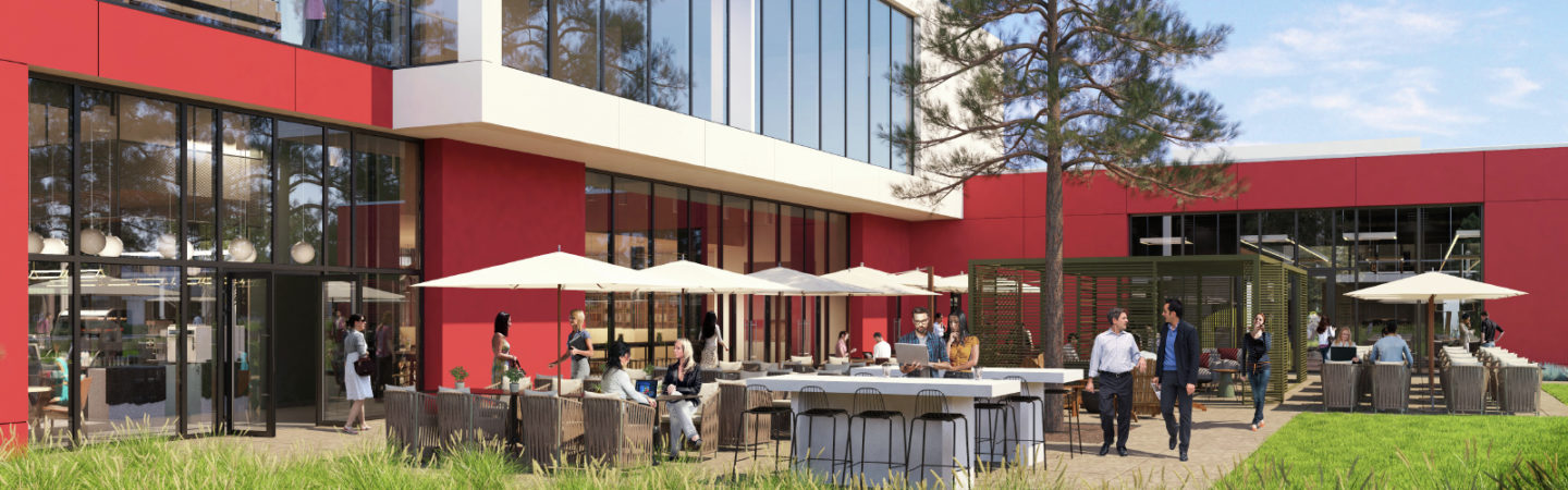 Rendering of the outdoor dining area by the cafe at Pathline Park in Sunnyvale, CA