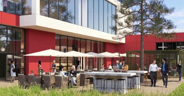 Rendering of the outdoor dining area by the cafe at Pathline Park in Sunnyvale, CA