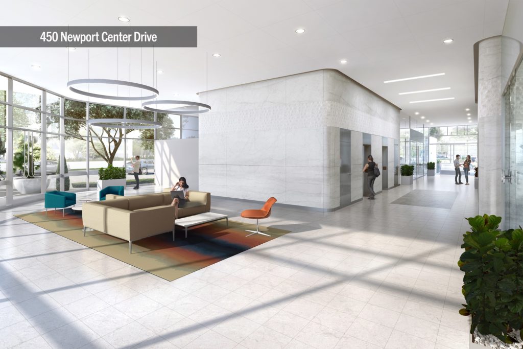Rendering of the lobby reinvestment at 450 Newport Center Drive in Newport Beach, CA