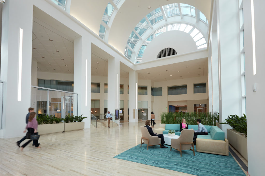 Lifestyle photography of the interior lobby at 501 West Broadway