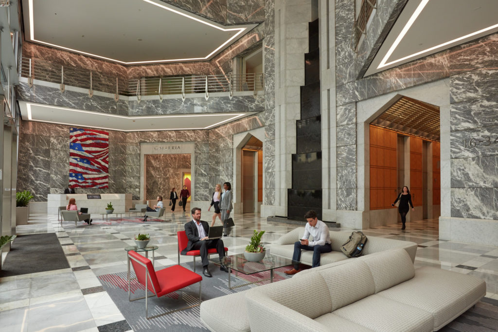 Lifestyle photography of the interior lobby of One America Plaza