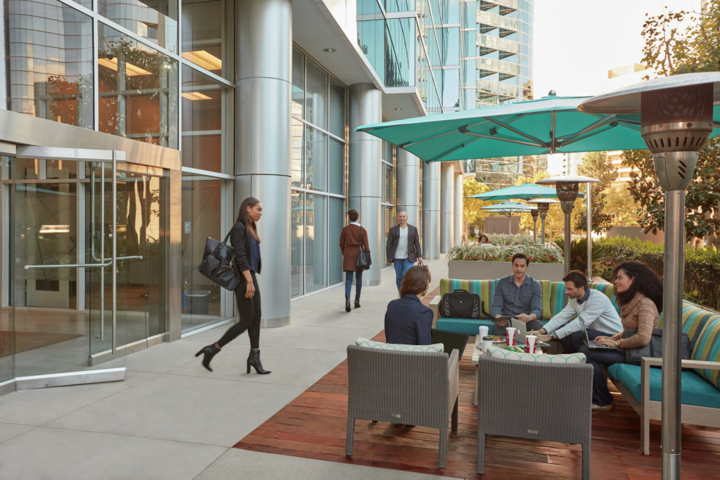 Lifestyle photography of the outdoor workspace at La Jolla Square