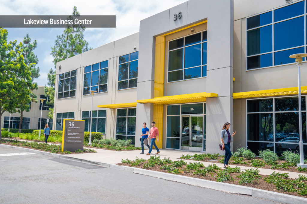 Lifestyle photography of the building entry at Lakeview Business Center - 36 Technology in Irvine, CA