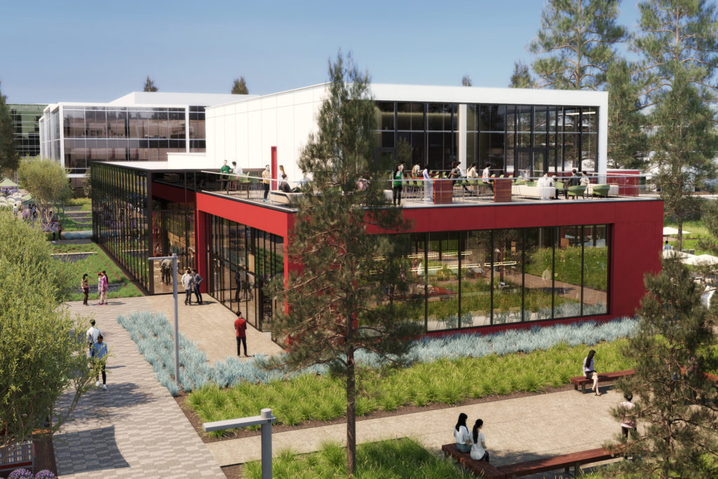 Rendering of the two-story amenity building located at Pathline Park in Sunnyvale, CA