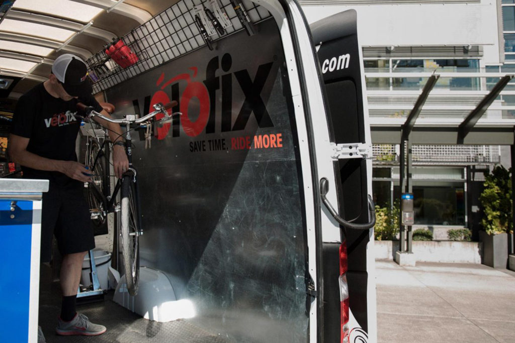 Photography of a Velofix station; a mobile bike shop and repair station.