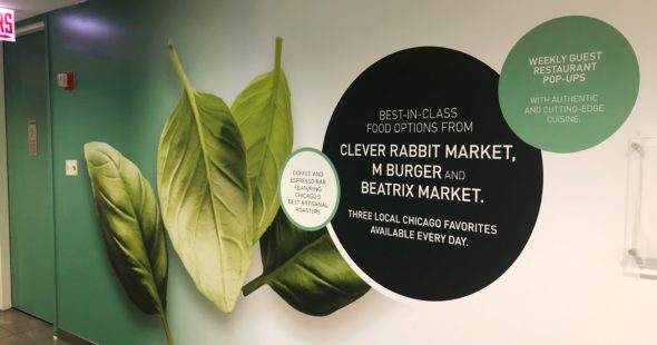 Wall graphics and informational text for Season & Sky at One North Wacker in Chicago, IL