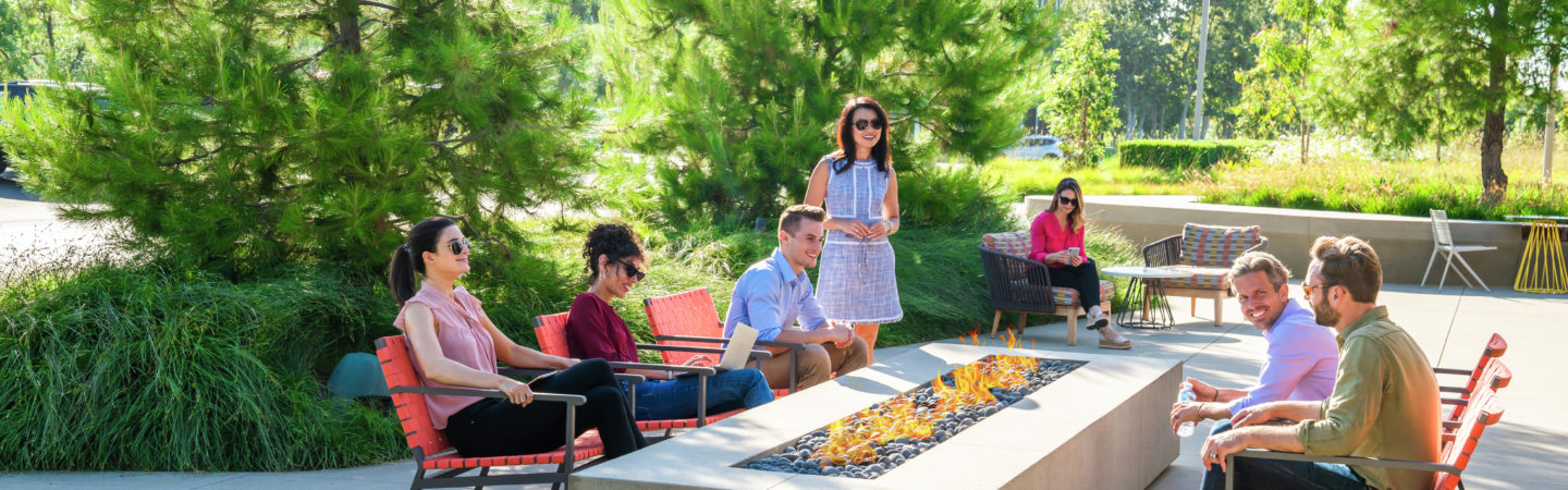 Lifestyle photography of The Commons firepit at UCI Research Park in Irvine, CA