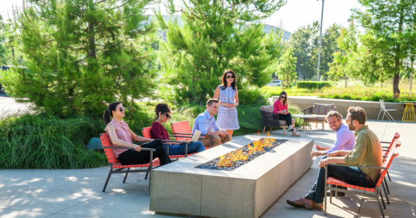 Lifestyle photography of The Commons firepit at UCI Research Park in Irvine, CA