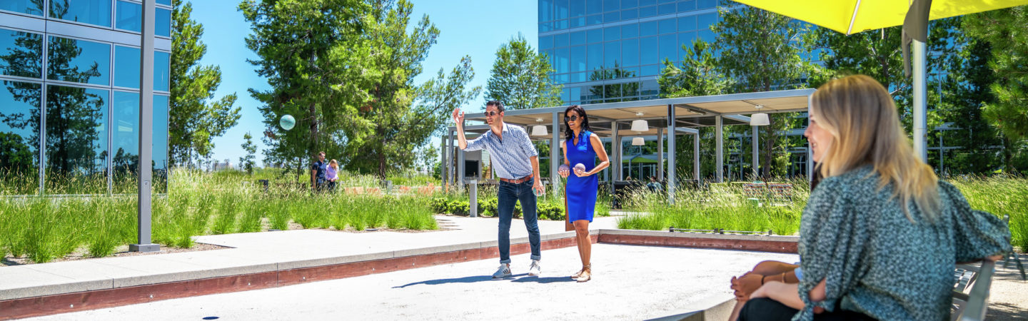 Lifestyle photography of the bocce ball setup at Discovery Park - 505 Technology in Irvine, CA