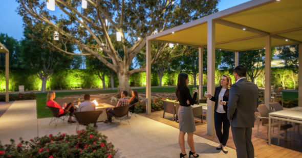 People enjoying The Commons at Jamboree Center in Irvine, CA