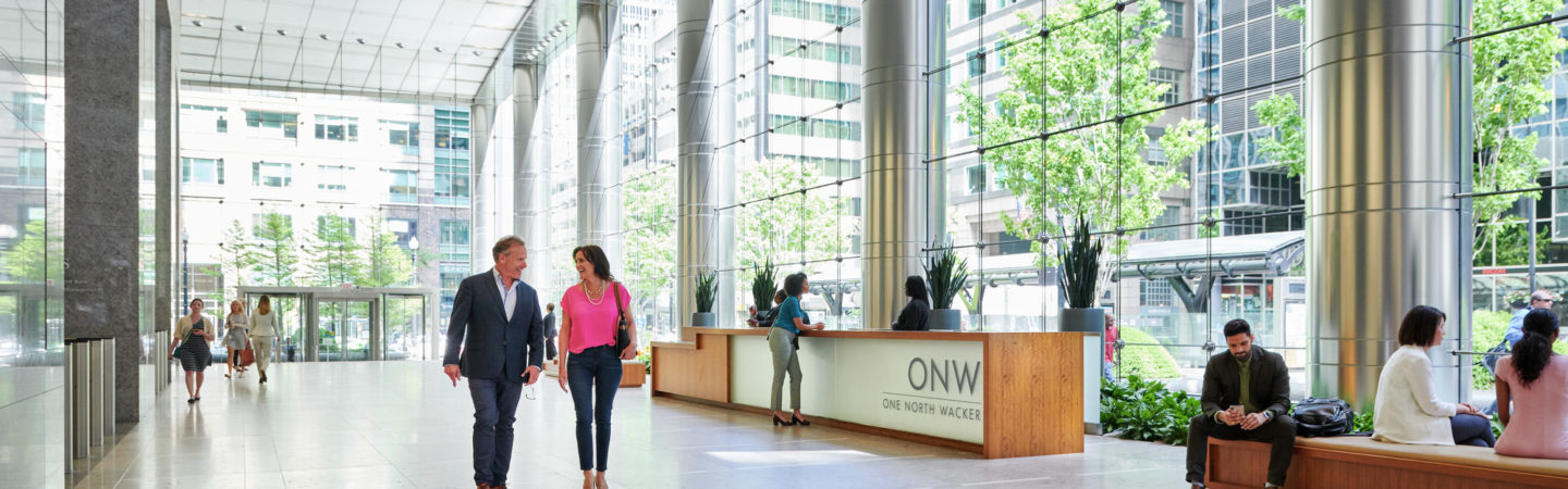 Lifestyle photography of the interior lobby at One North Wacker in Chicago, IL