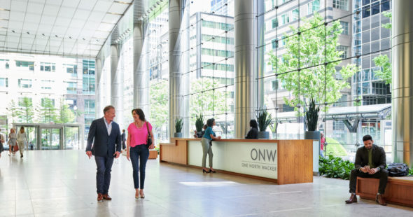 Lifestyle photography of the interior lobby at One North Wacker in Chicago, IL
