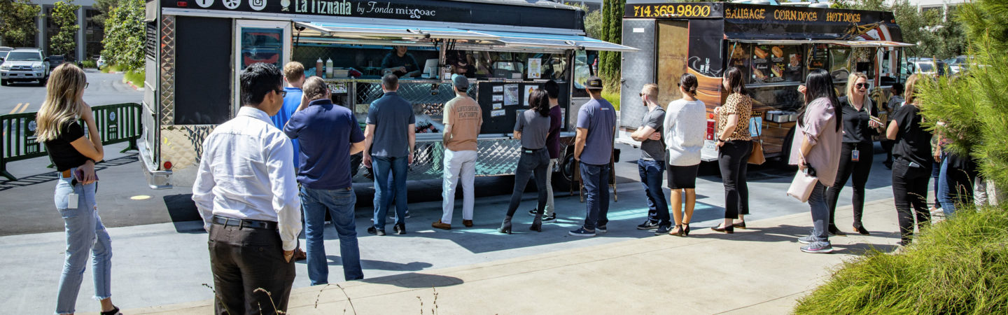 Lifestyle photography of food trucks at The Commons at UCI Research Park in Irvine, CA