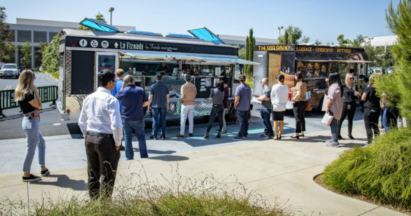 Lifestyle photography of food trucks at The Commons at UCI Research Park in Irvine, CA