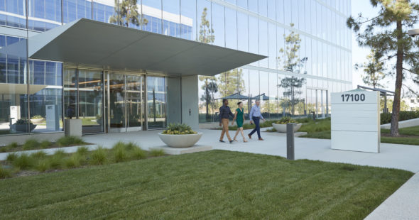 Lifestyle photography of exterior of Spectrum Terrace campus in Irvine, Ca