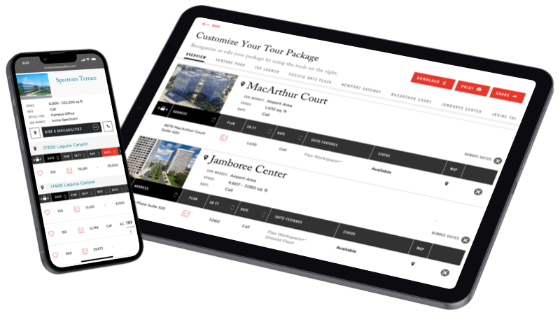 IrvineCompanyOffice.com Enhancements - Availabilities + PackageIt on mobile